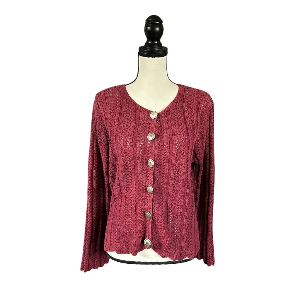 VTG Y2K Bagatelle Crochet Knit Cardigan Burgundy 100% Cotton 90s Grunge Fall M